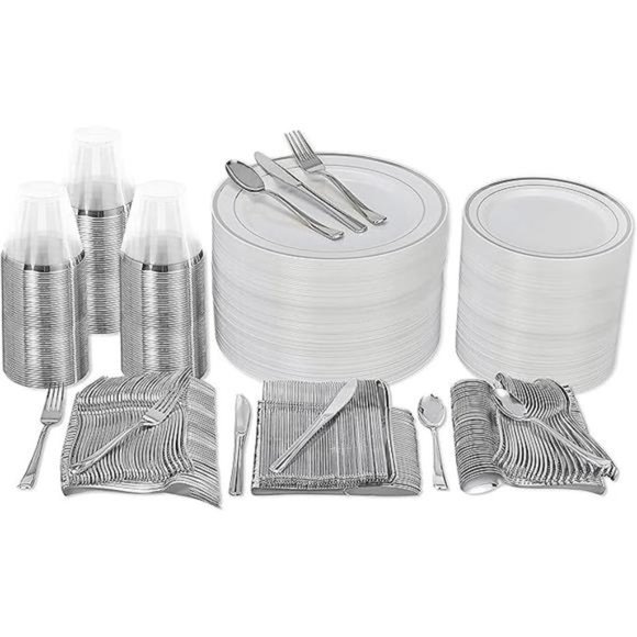 600 Piece Silver Plastic Dinnerware Set (100 Guests), 100 Dinner Silver Plates - Picture 7 of 7